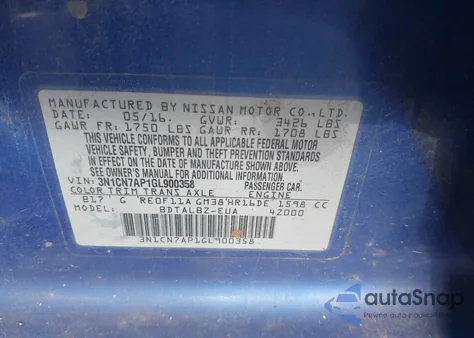 2016 Nissan Versa 1.6 Sv z USA, uszkodzony, nr VIN 3N1CN7AP1GL900358